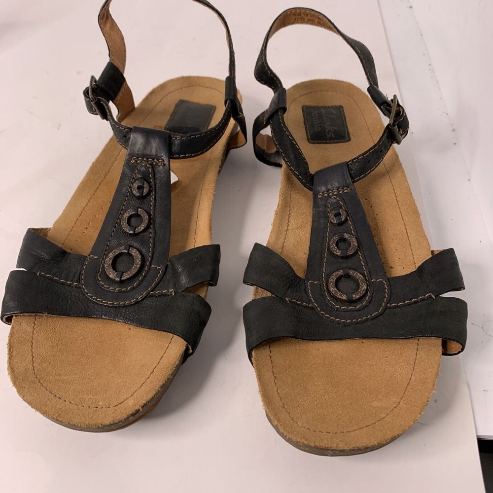 Clarks‎ Sandals Artisan Cork Wedge Active Air Women Sz 11M Black Leather